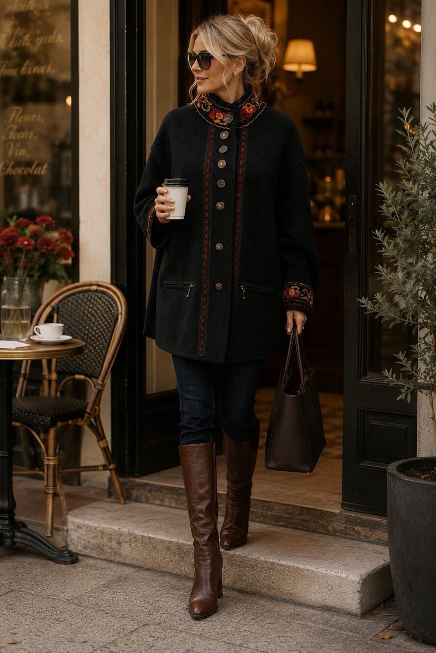 Icelandic Design Vintage Boiled Wool Coat Black Embroidered Folk Nordic Jacket M